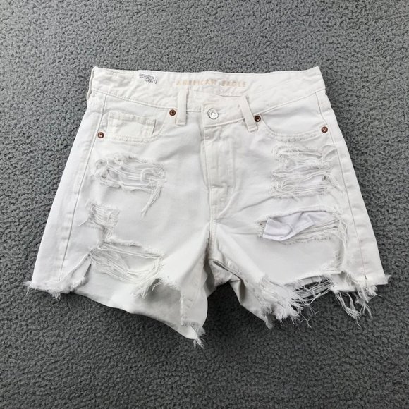 AMERICAN EAGLE Size 6 Highest Rise Distressed White Baggy Cut Off Shorts - Picture 1 of 16